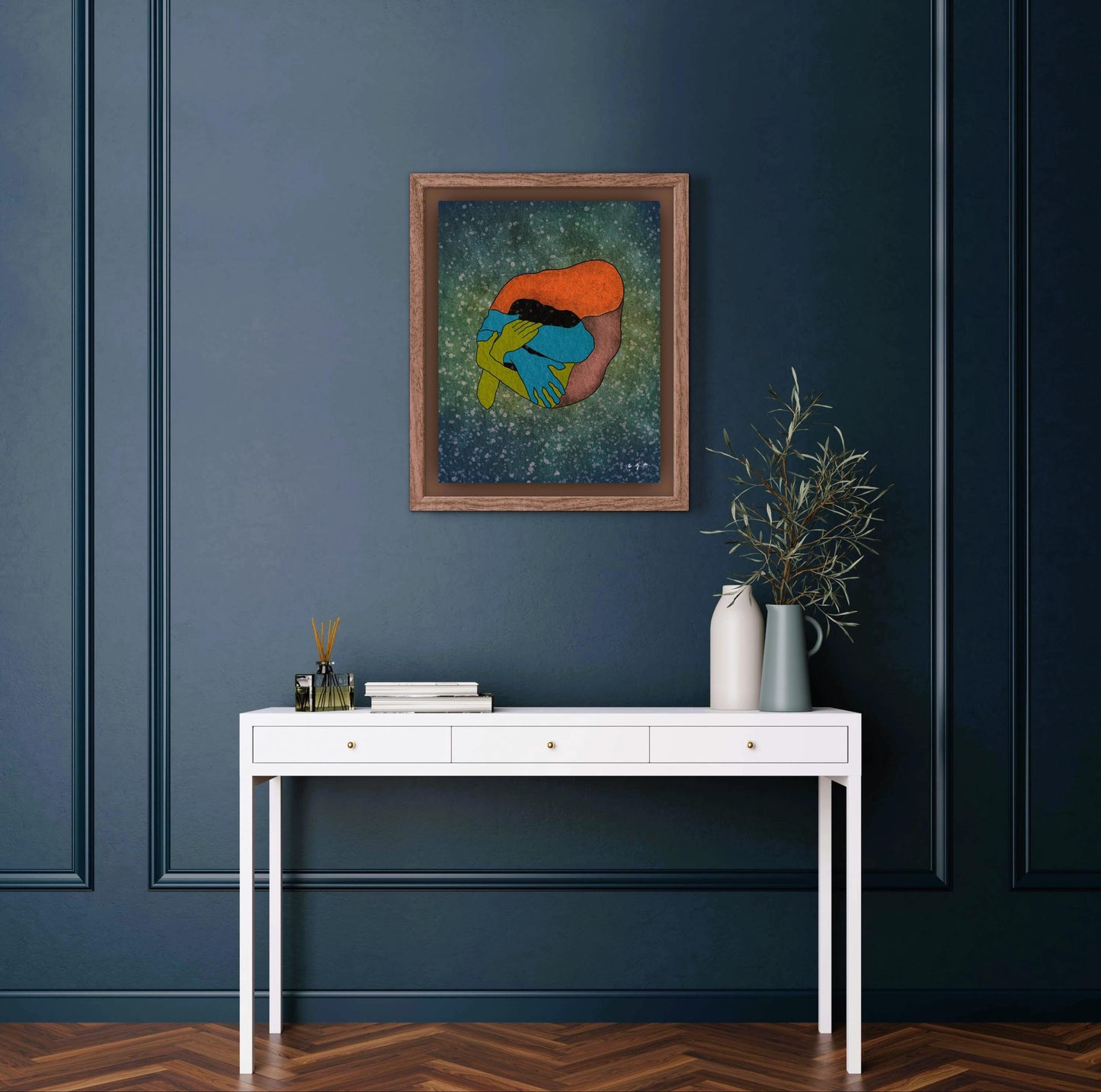 Abstract Love Art Print, Embracing Couple Illustration, Intimacy and Connection, Emotional Wall Art