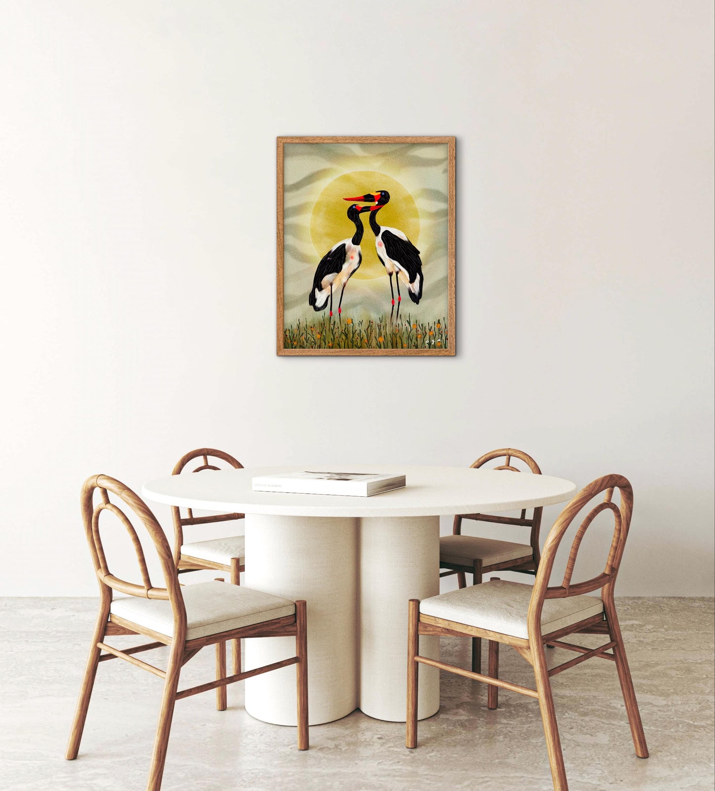 Bird Illustration_Saddle-billed Storks at Sunset_African Bird Wall Art