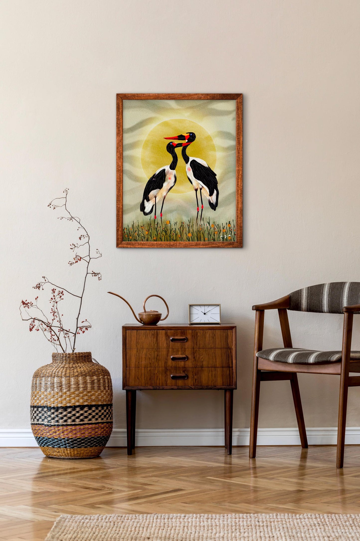 Bird Illustration_Saddle-billed Storks at Sunset_African Bird Wall Art
