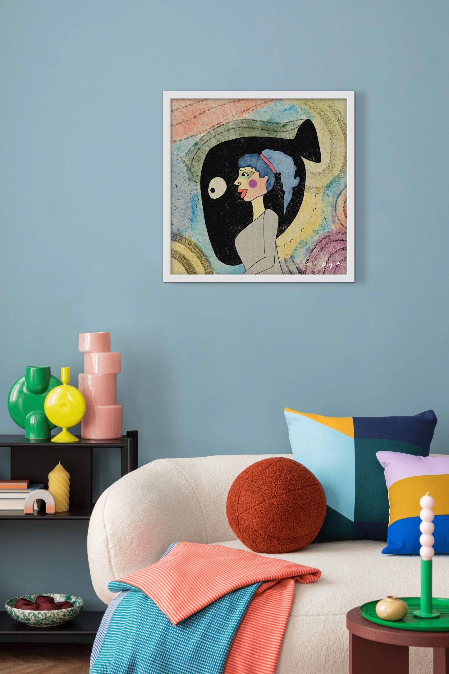 Chronic Overthinker –Anxiety- Psychological Art Print,  Symbolic Woman Illustration with Black Fish