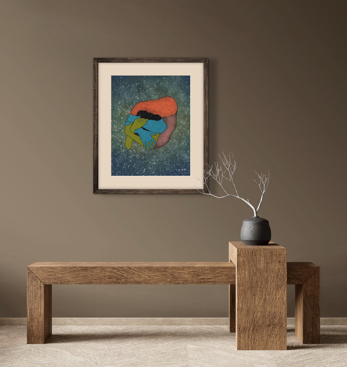 Abstract Love Art Print, Embracing Couple Illustration, Intimacy and Connection, Emotional Wall Art