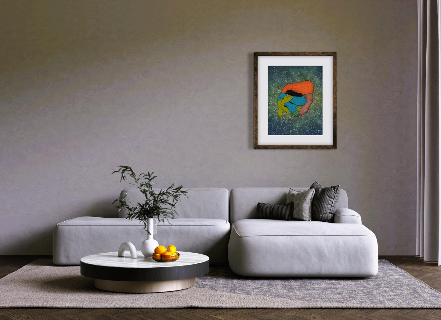 Abstract Love Art Print, Embracing Couple Illustration, Intimacy and Connection, Emotional Wall Art