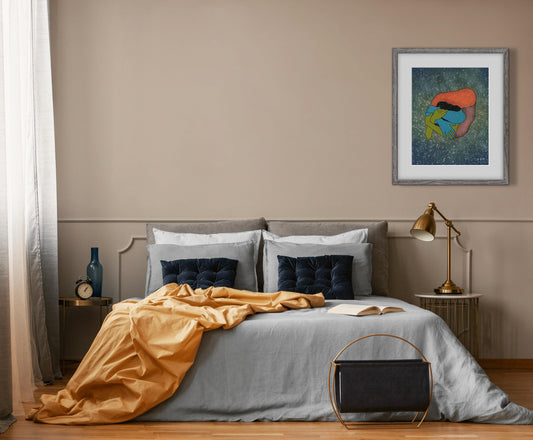 Abstract Love Art Print, Embracing Couple Illustration, Intimacy and Connection, Emotional Wall Art