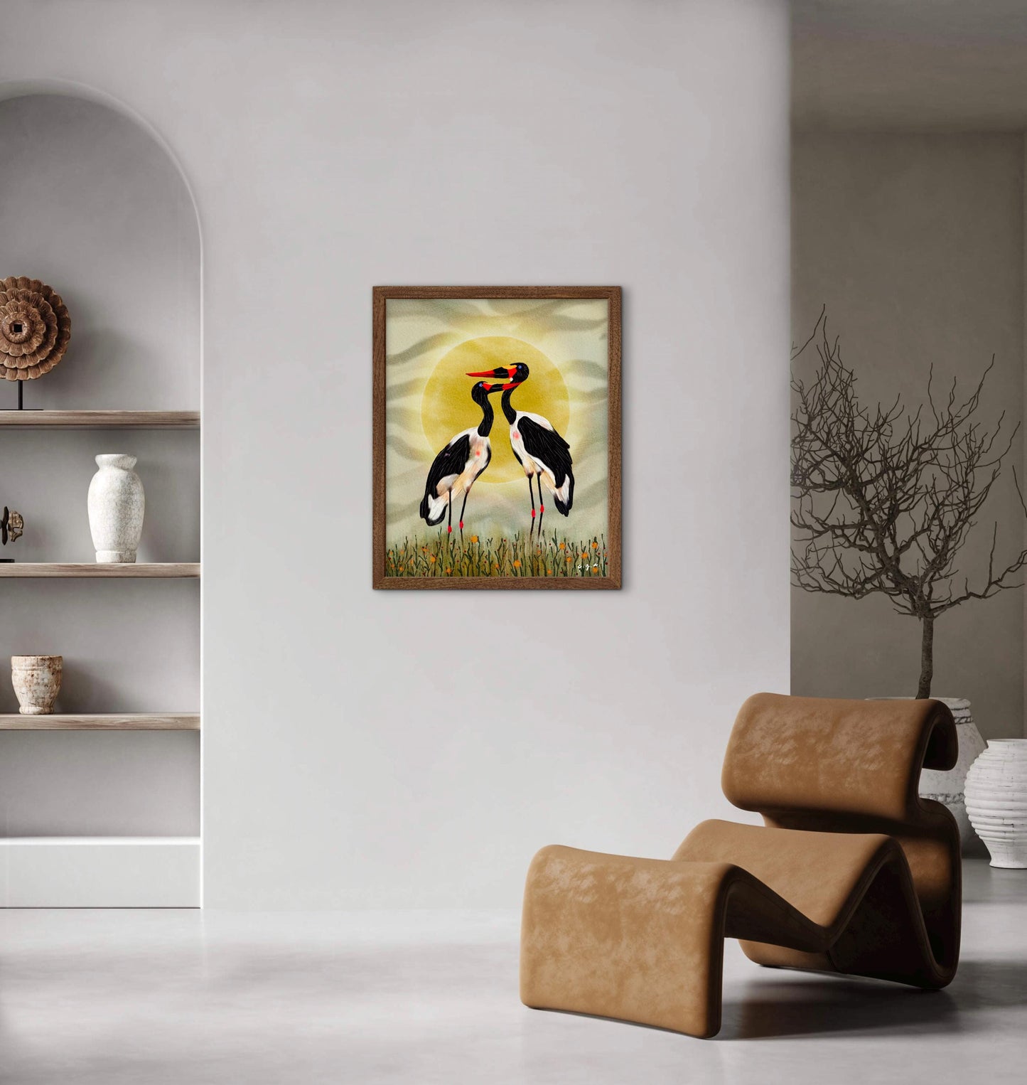 Bird Illustration_Saddle-billed Storks at Sunset_African Bird Wall Art