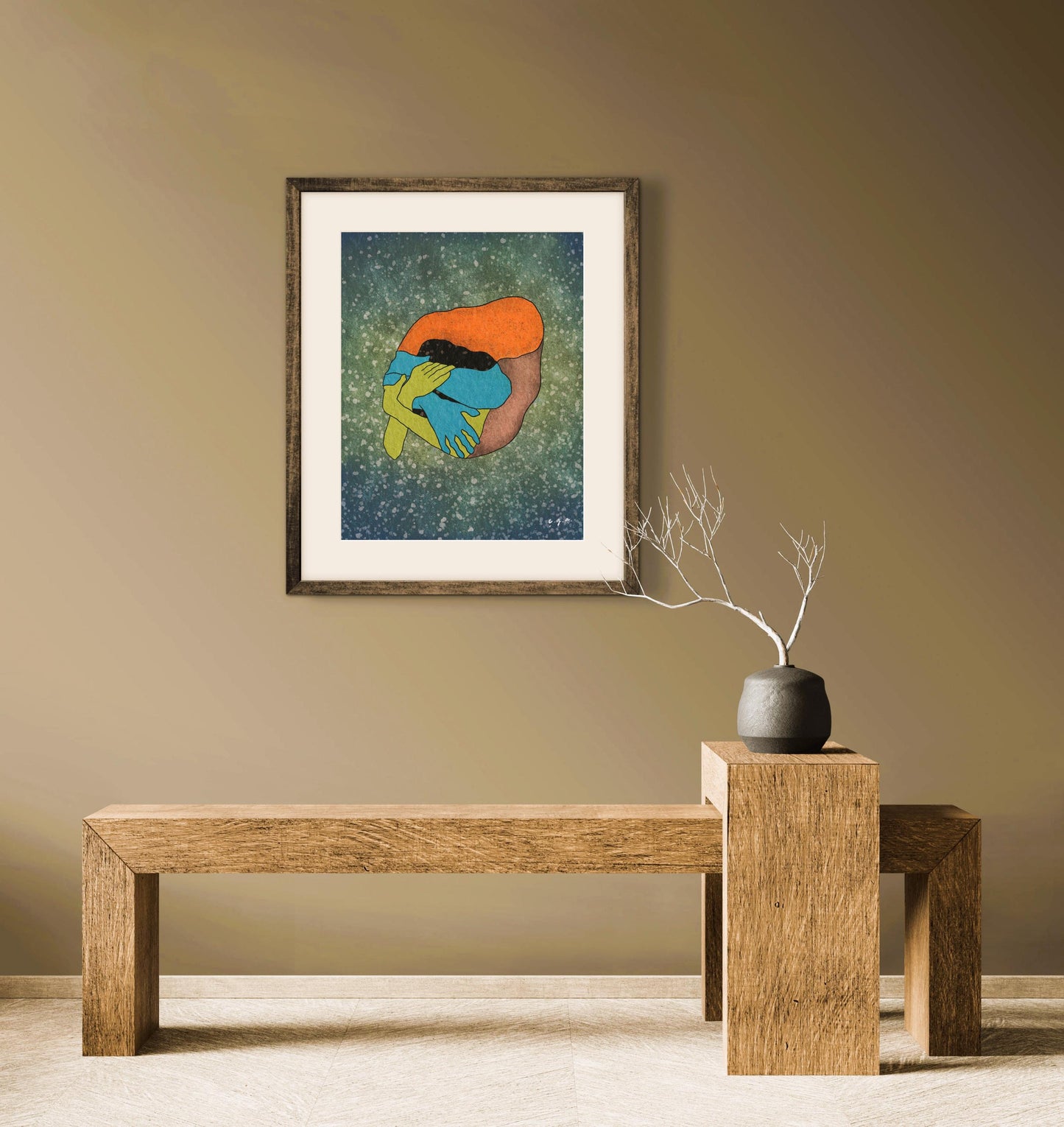 Abstract Love Art Print, Embracing Couple Illustration, Intimacy and Connection, Emotional Wall Art