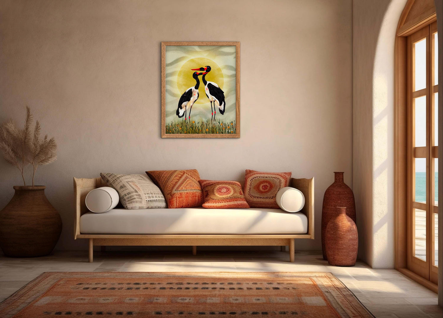 Bird Illustration_Saddle-billed Storks at Sunset_African Bird Wall Art