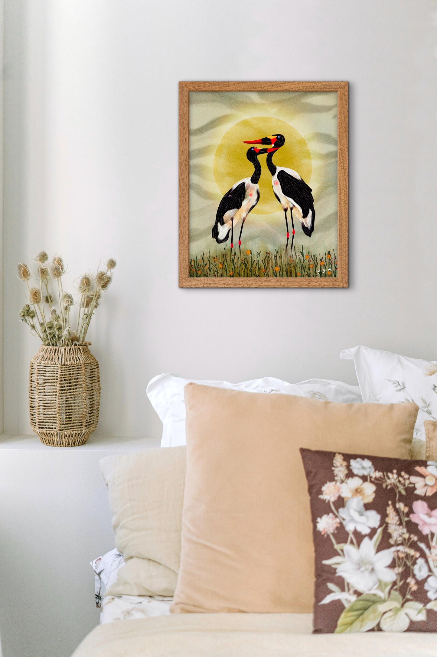 Bird Illustration_Saddle-billed Storks at Sunset_African Bird Wall Art