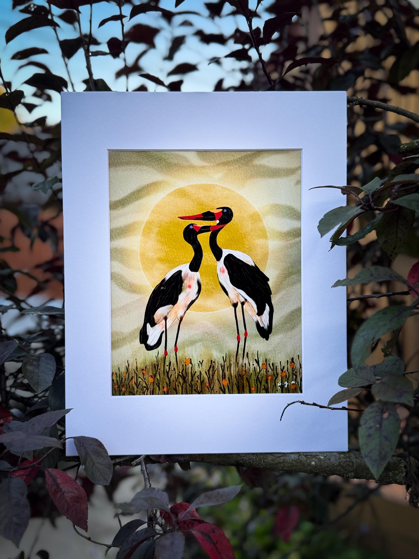 Bird Illustration_Saddle-billed Storks at Sunset_African Bird Wall Art