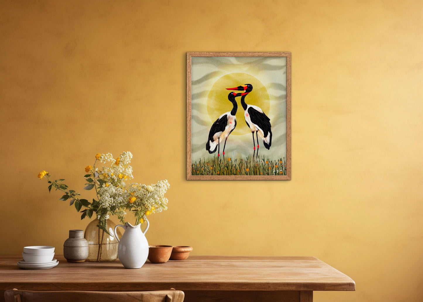 Bird Illustration_Saddle-billed Storks at Sunset_African Bird Wall Art
