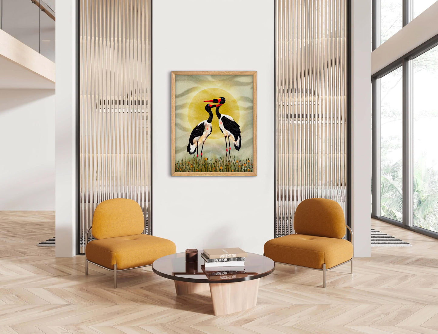 Bird Illustration_Saddle-billed Storks at Sunset_African Bird Wall Art