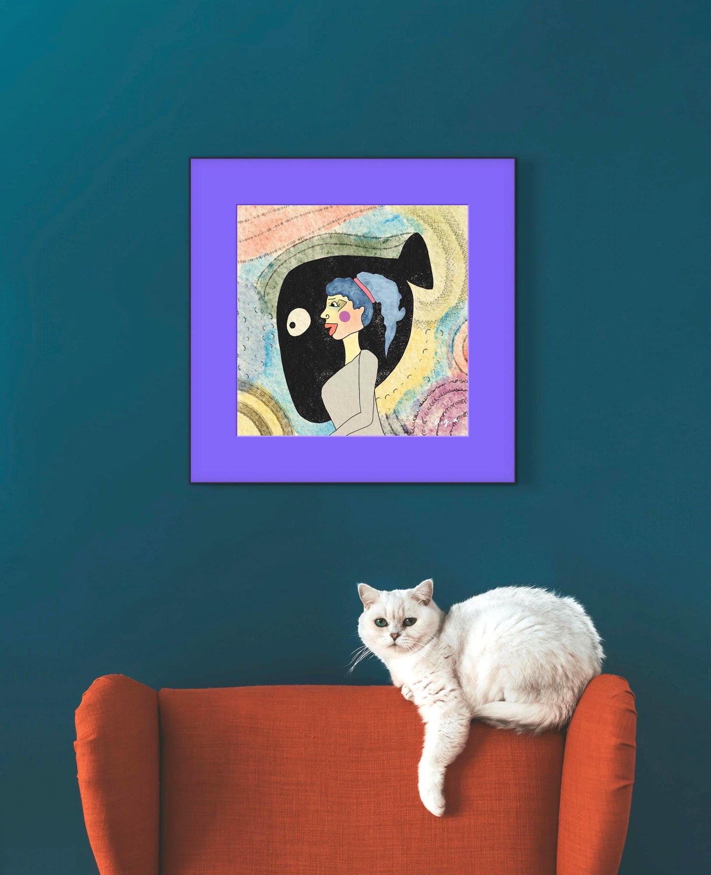 Chronic Overthinker –Anxiety- Psychological Art Print,  Symbolic Woman Illustration with Black Fish