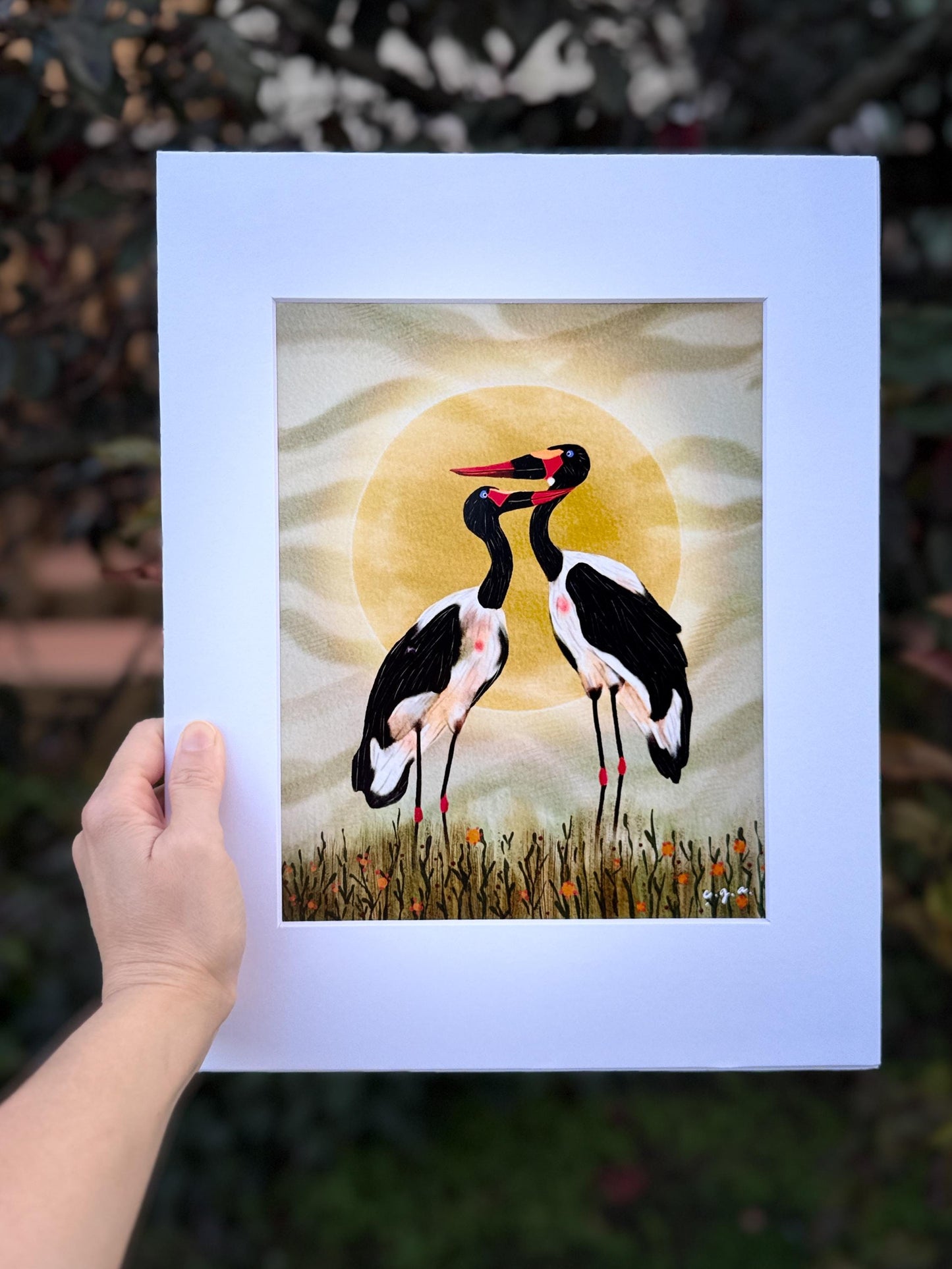 Bird Illustration_Saddle-billed Storks at Sunset_African Bird Wall Art