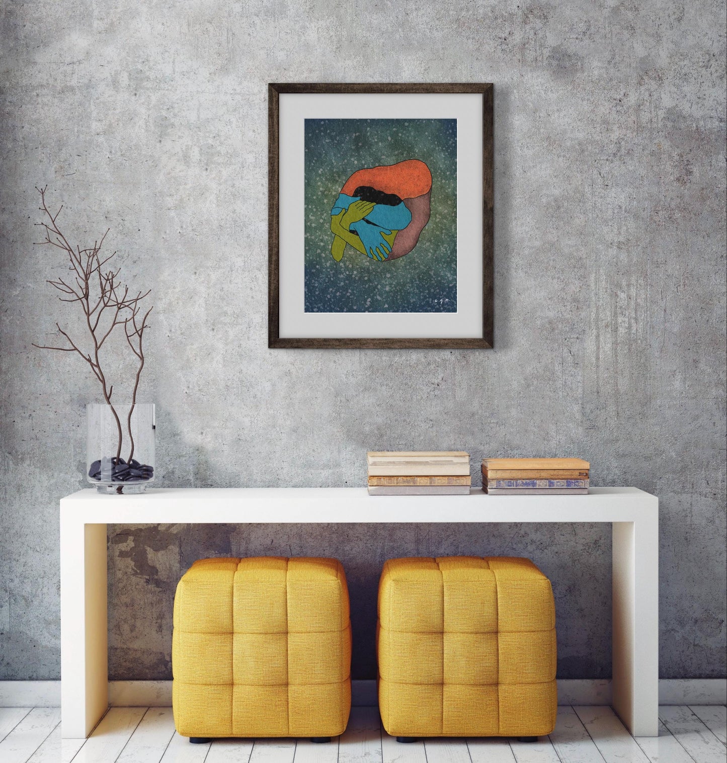 Abstract Love Art Print, Embracing Couple Illustration, Intimacy and Connection, Emotional Wall Art