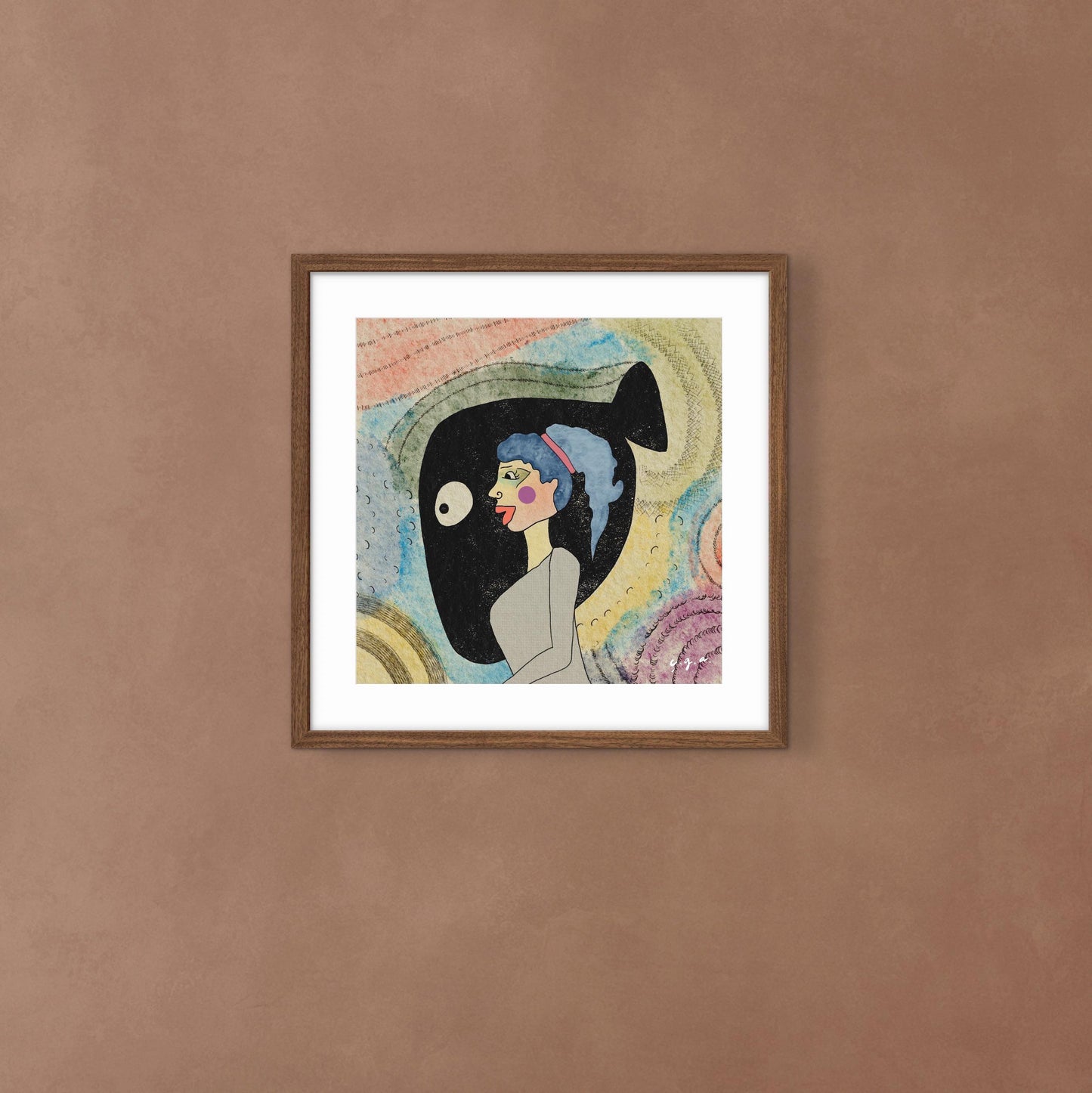 Chronic Overthinker –Anxiety- Psychological Art Print,  Symbolic Woman Illustration with Black Fish