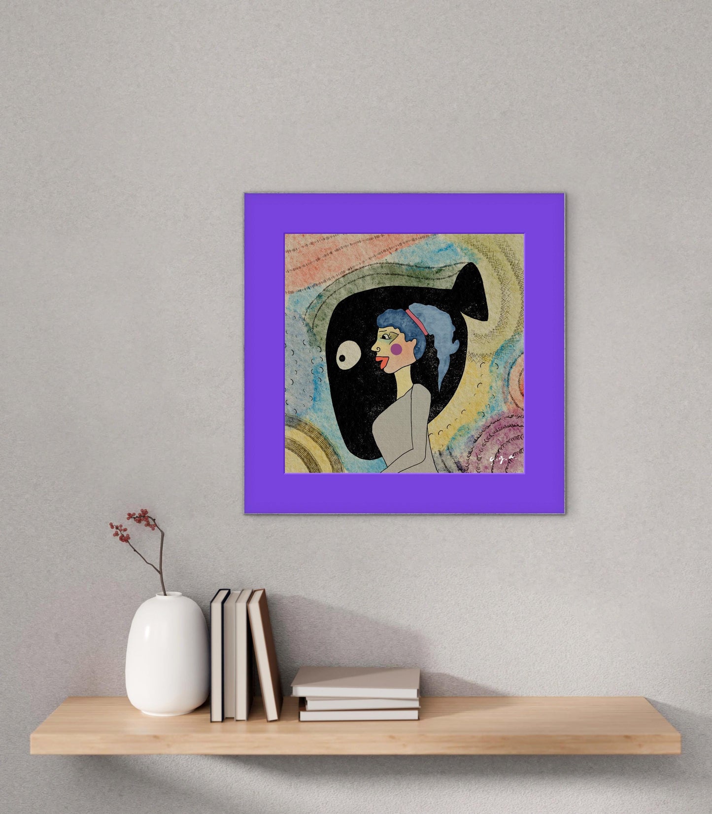 Chronic Overthinker –Anxiety- Psychological Art Print,  Symbolic Woman Illustration with Black Fish