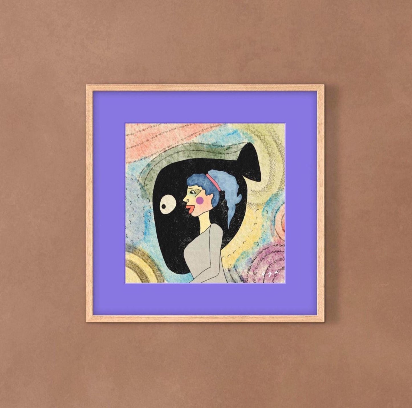 Chronic Overthinker –Anxiety- Psychological Art Print,  Symbolic Woman Illustration with Black Fish