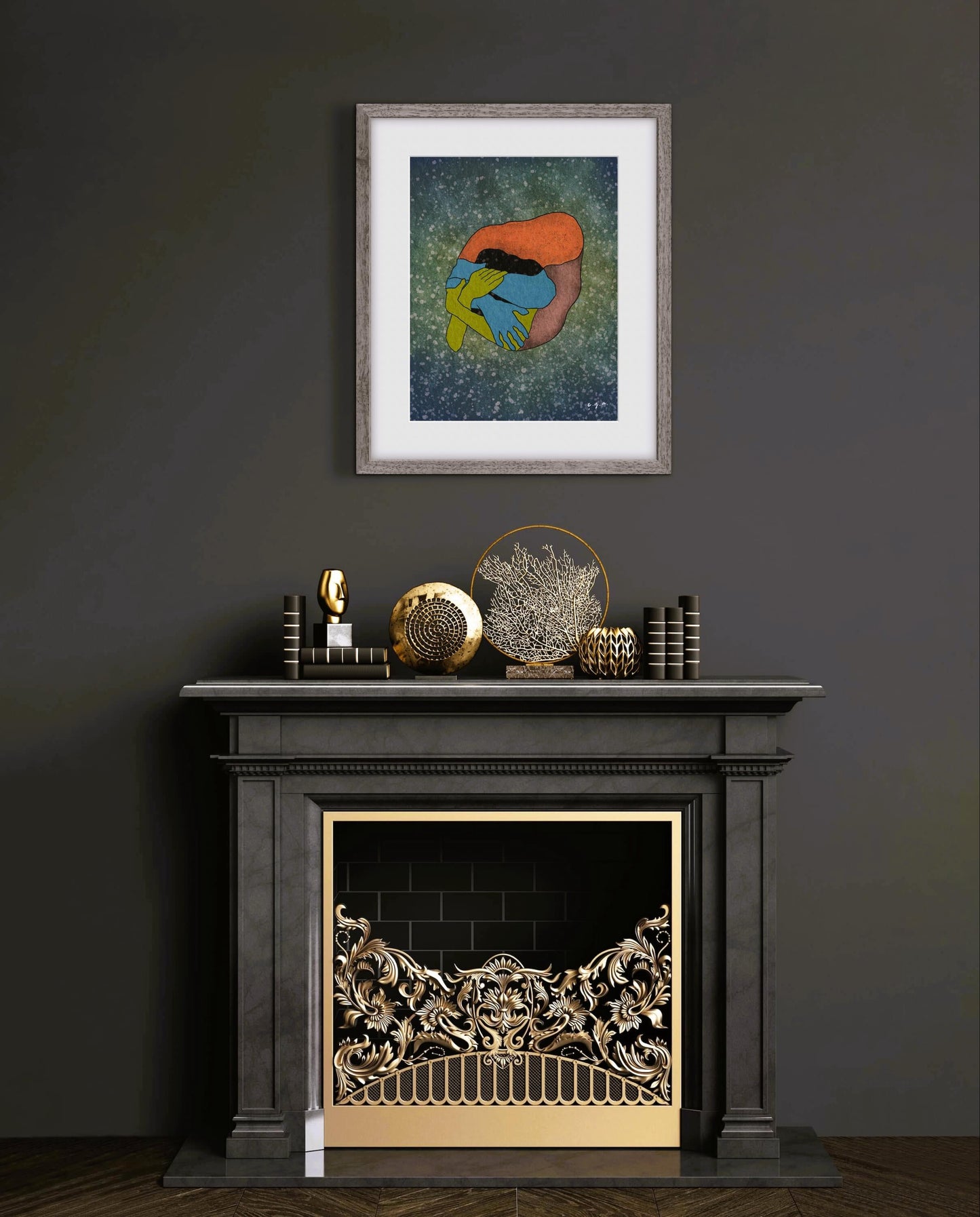 Abstract Love Art Print, Embracing Couple Illustration, Intimacy and Connection, Emotional Wall Art