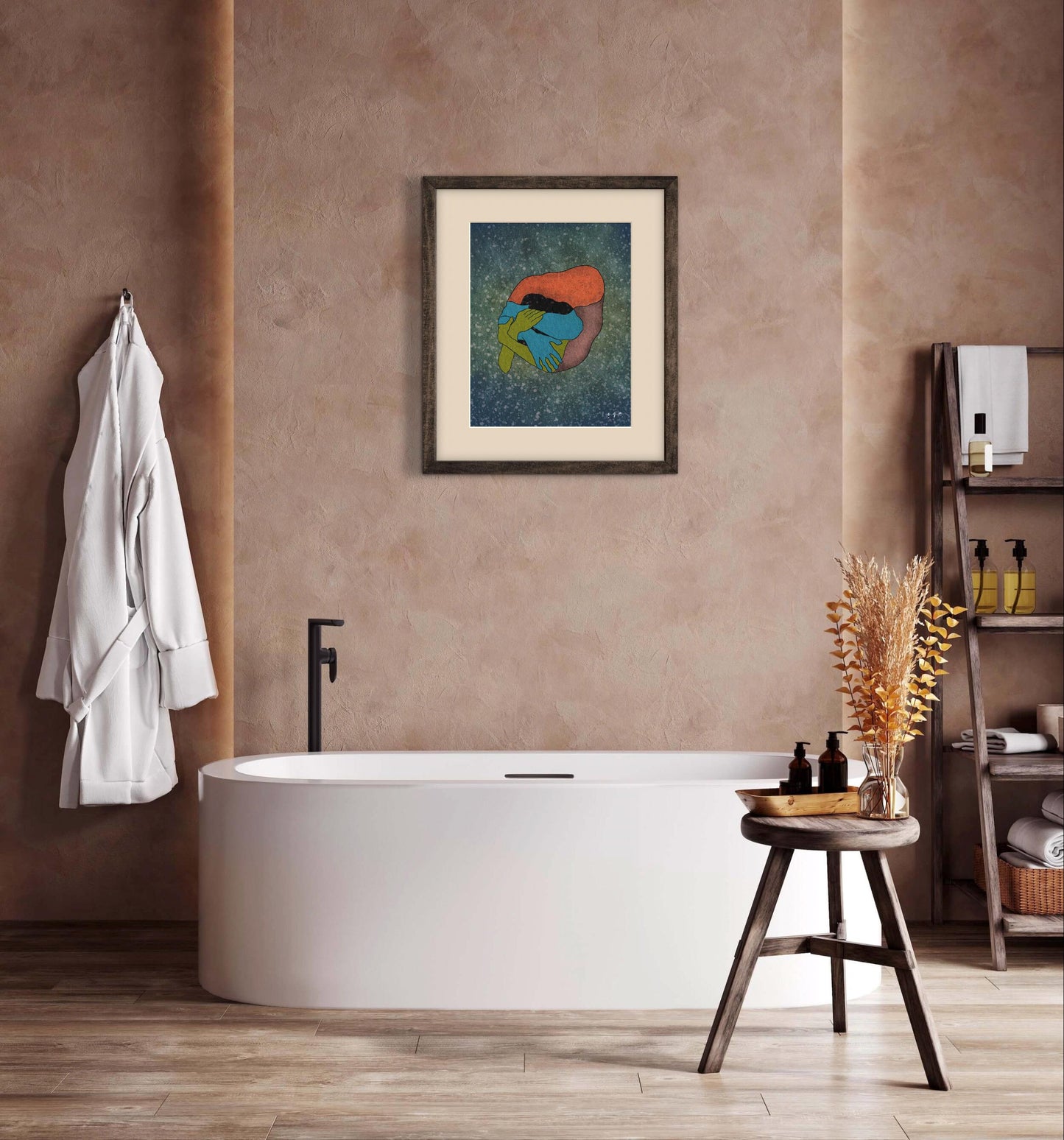 Abstract Love Art Print, Embracing Couple Illustration, Intimacy and Connection, Emotional Wall Art