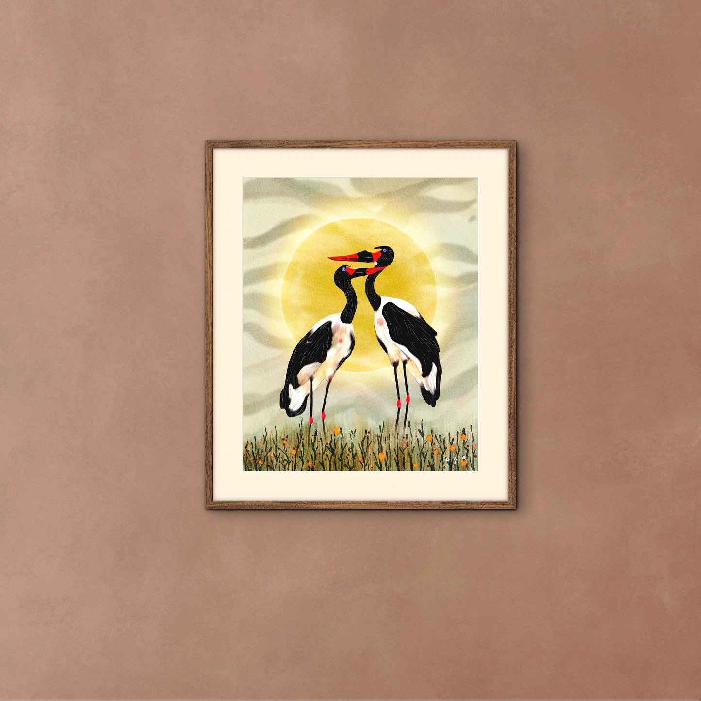 Bird Illustration_Saddle-billed Storks at Sunset_African Bird Wall Art