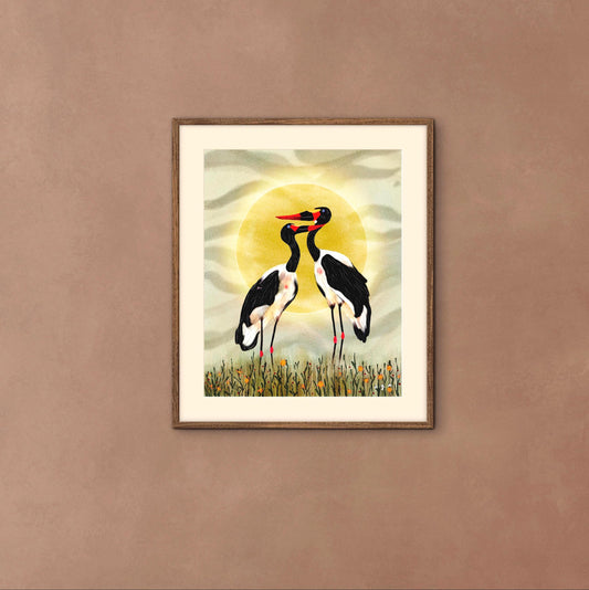 Bird Illustration_Saddle-billed Storks at Sunset_African Bird Wall Art